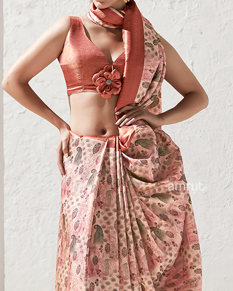 Copper Rust Floral-Print Brownish Pink Silk Saree with Unstitched Blouse - Image 3