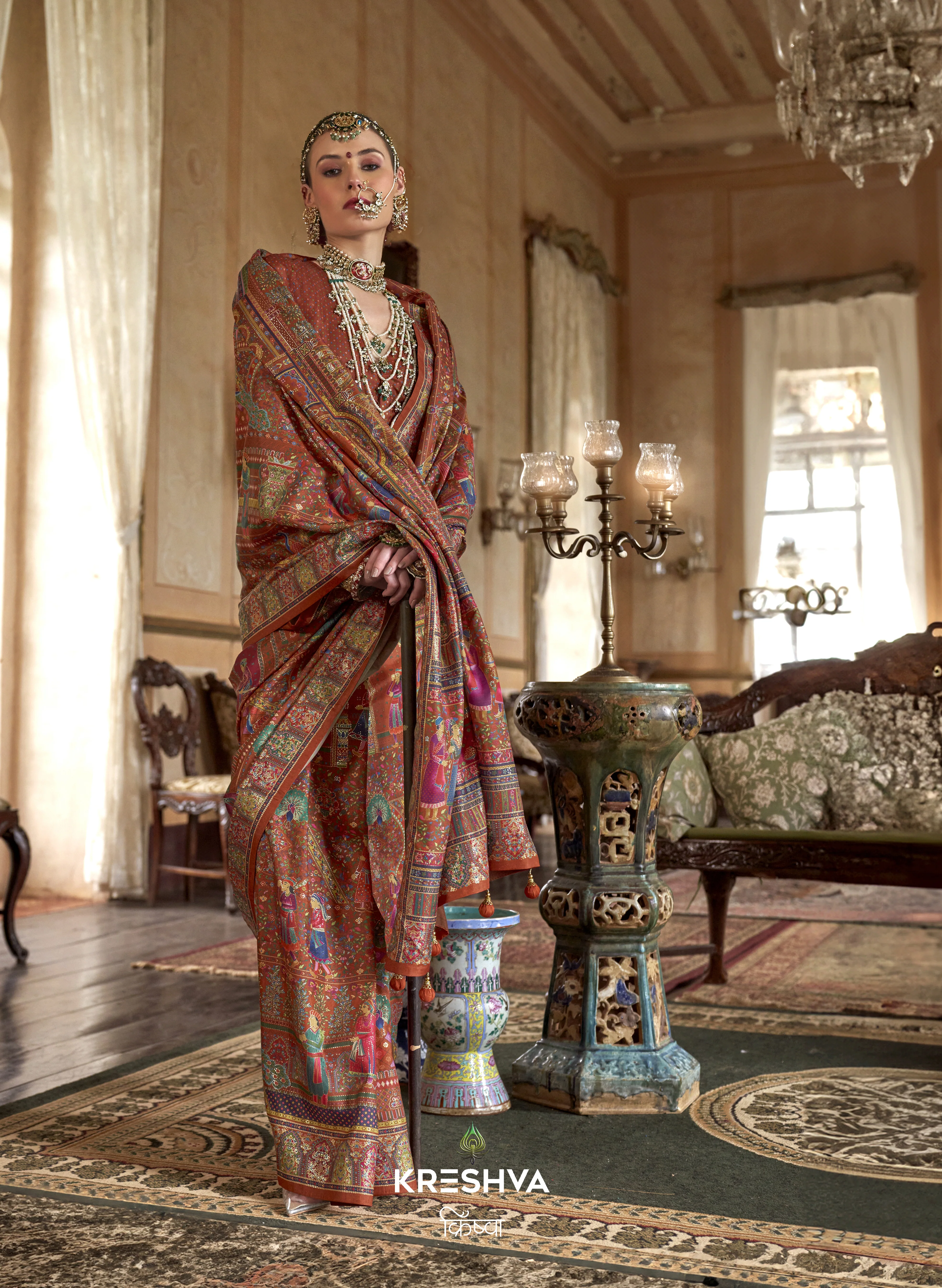 Copper Rust Heritage Pashmina Inspired Designer Saree with Royal Multicolour Border - Image 2