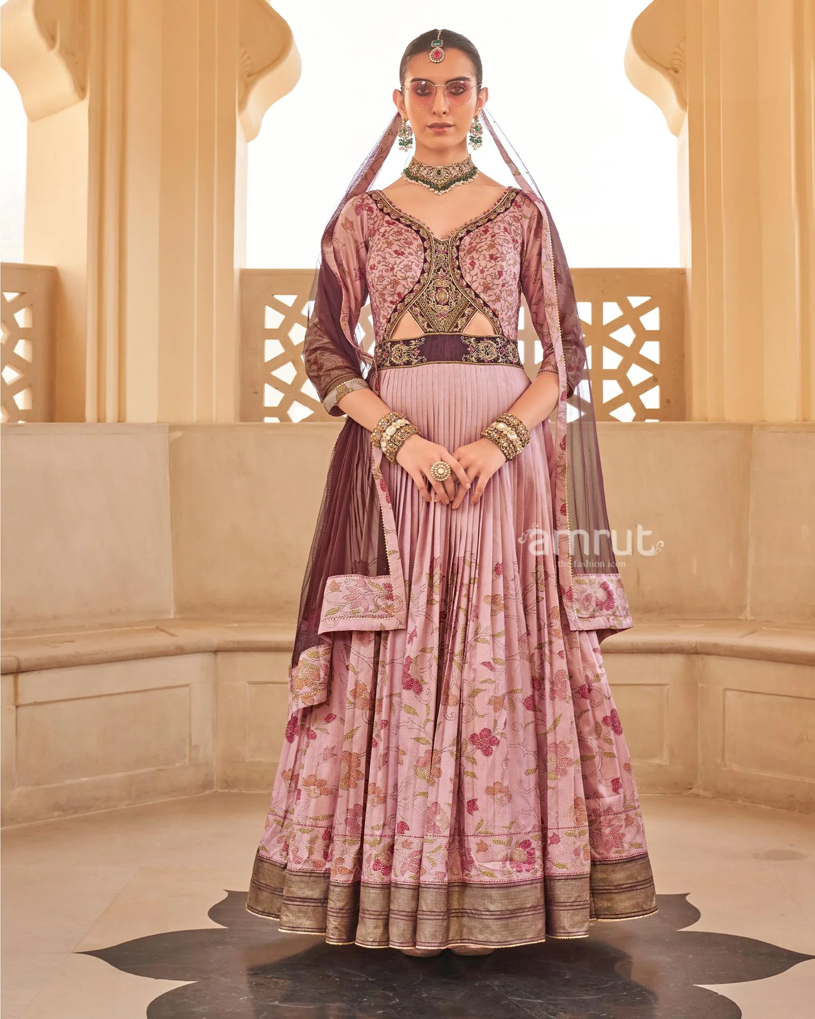 Peach Floral Printed Anarkali Dress and Men Kurta Set - Image 3