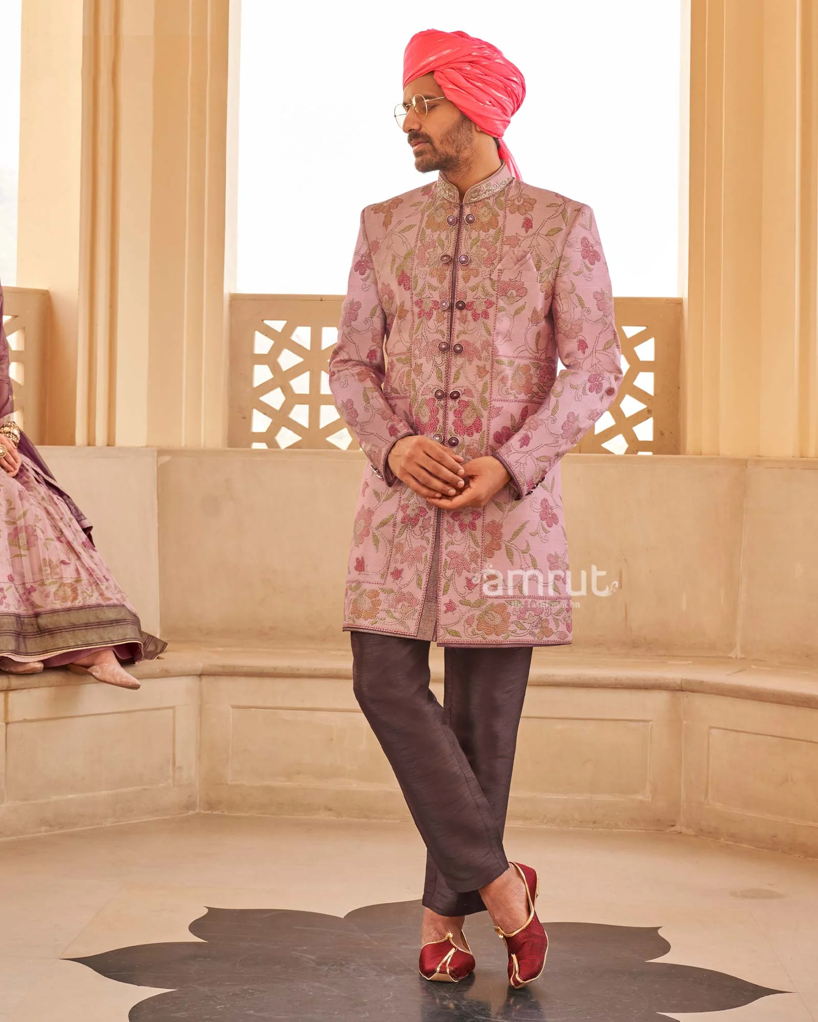Peach Floral Printed Anarkali Dress and Men Kurta Set - Image 4