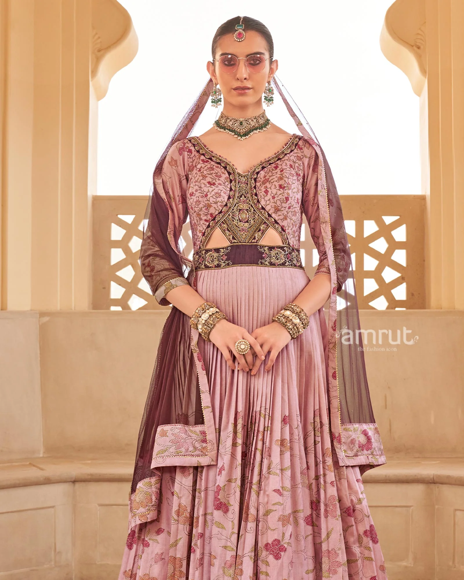 Peach Floral Printed Anarkali Dress and Men Kurta Set - Image 5