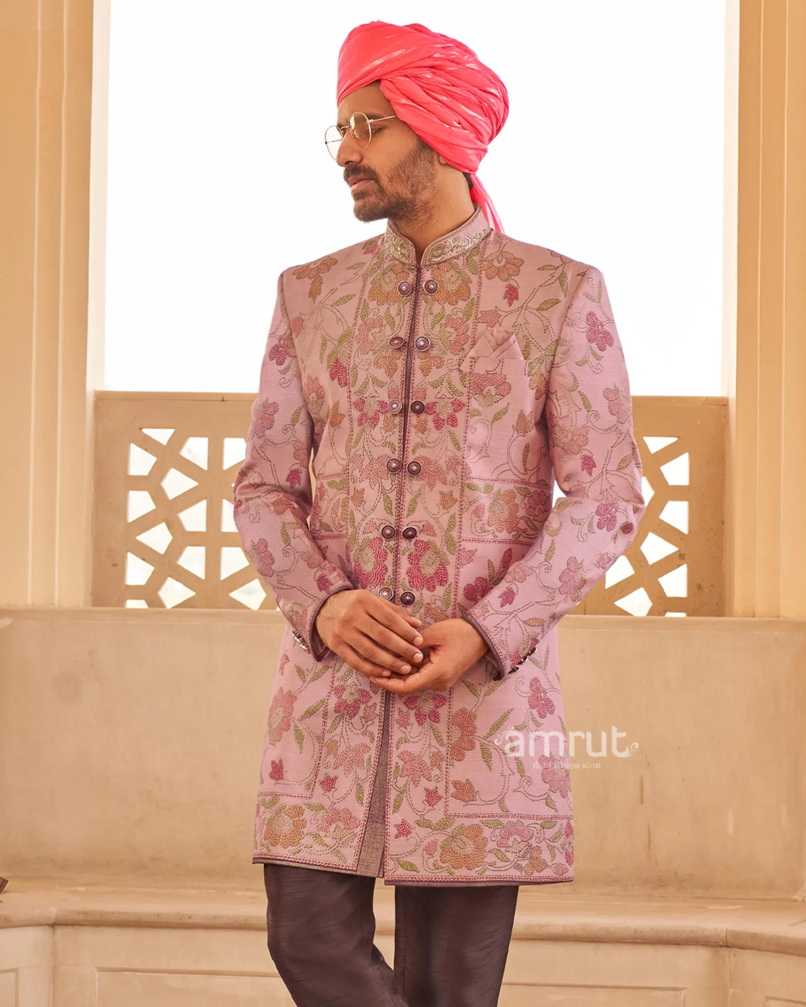 Peach Floral Printed Anarkali Dress and Men Kurta Set - Image 6