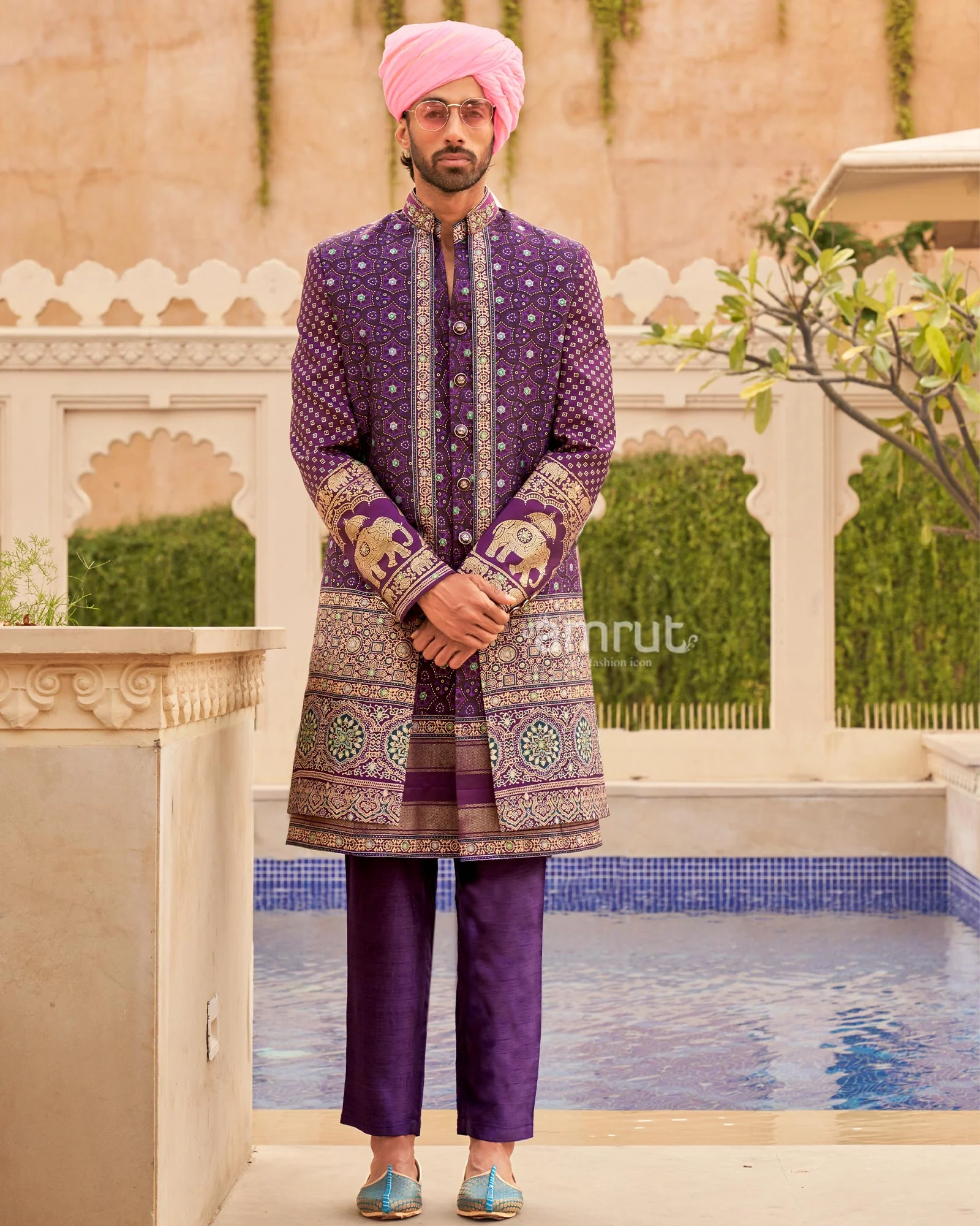 Purple Printed lehenga Set and Men Kurta Set with Coat - Image 3