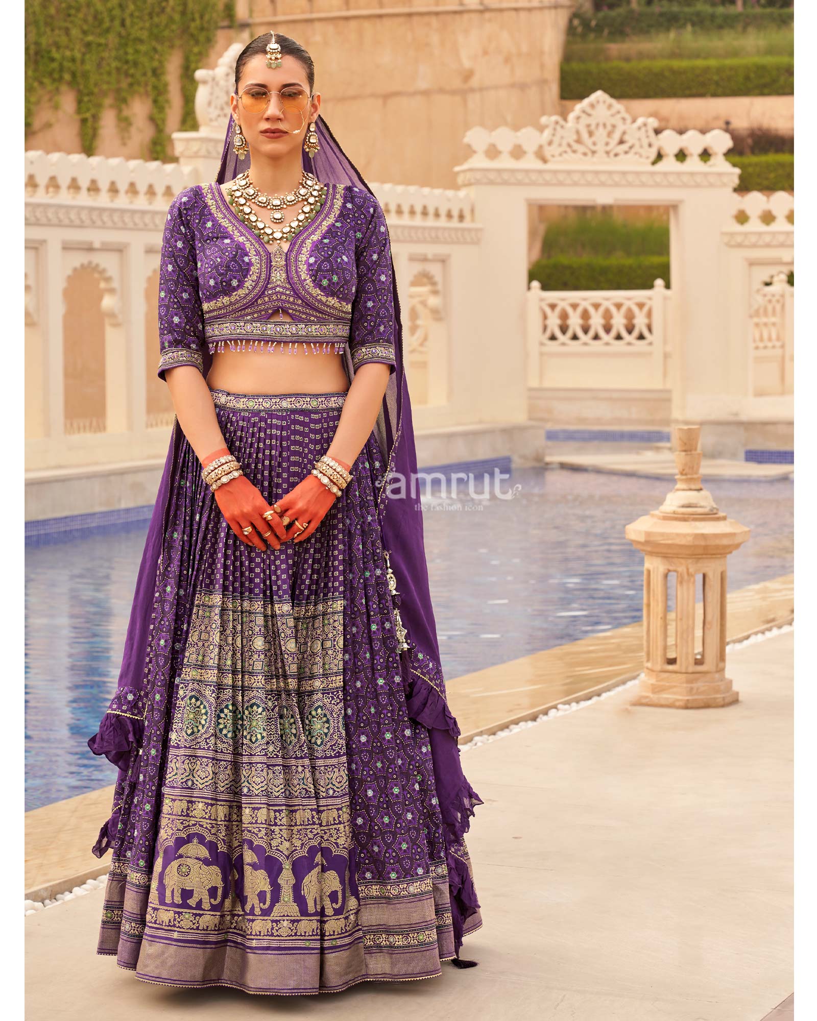 Purple Printed lehenga Set and Men Kurta Set with Coat - Image 4