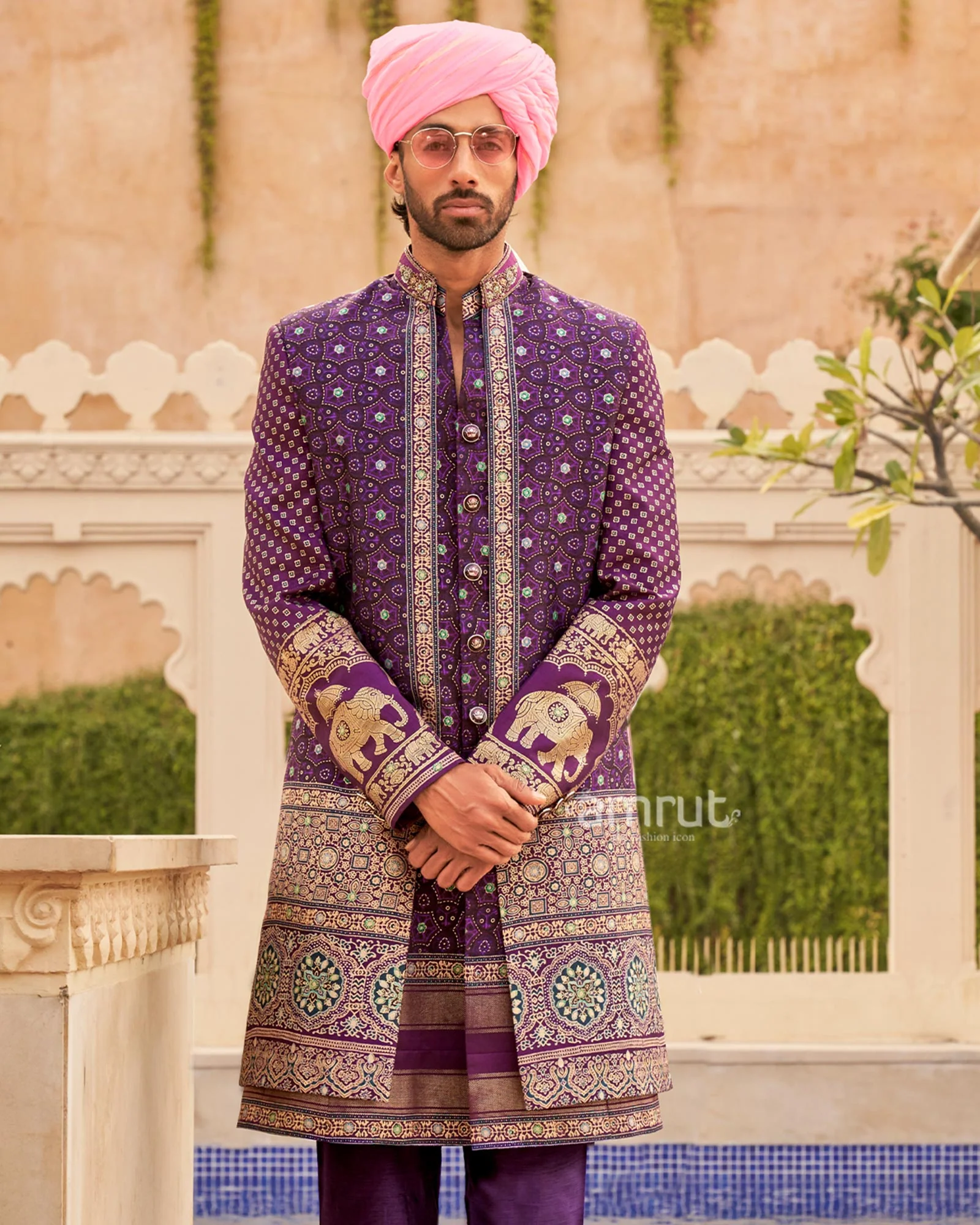 Purple Printed lehenga Set and Men Kurta Set with Coat - Image 5