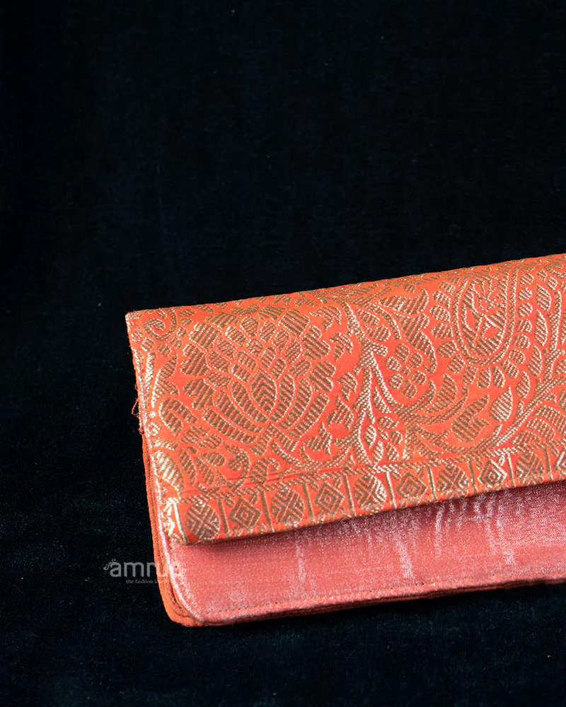 Coral Gold Embossed Floral Clutch - Image 2