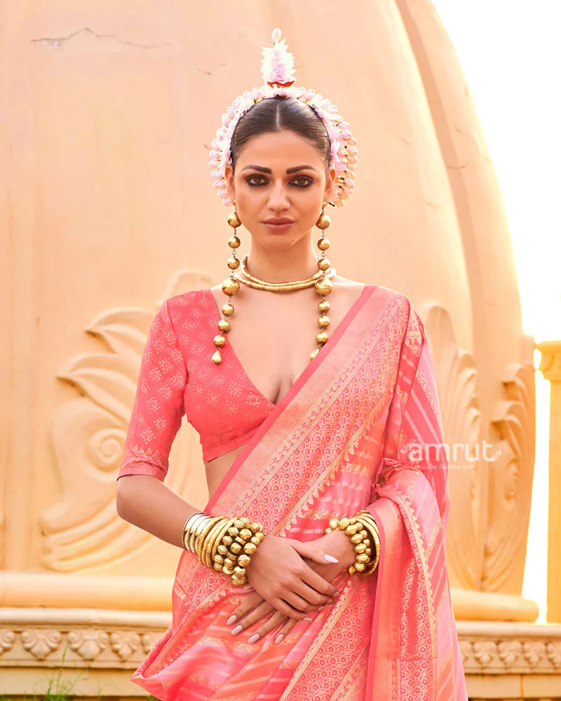 Coral Peach Printed Silk Saree with Unstitched Blouse - Image 2
