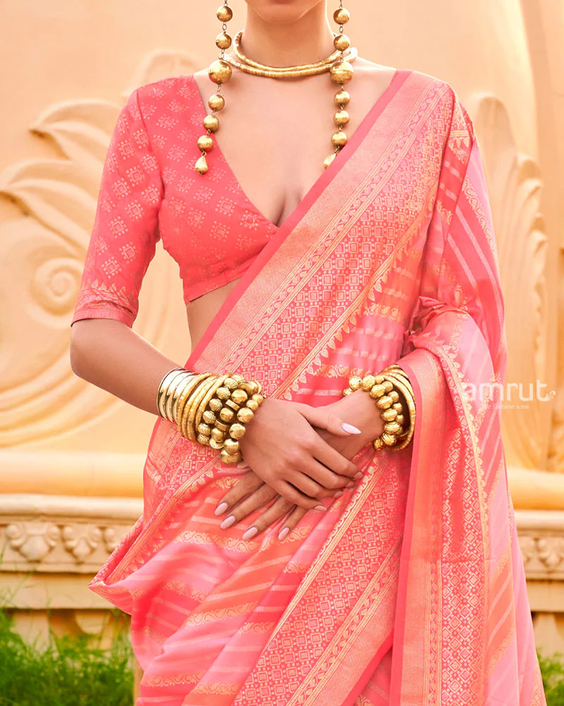 Coral Peach Printed Silk Saree with Unstitched Blouse - Image 3