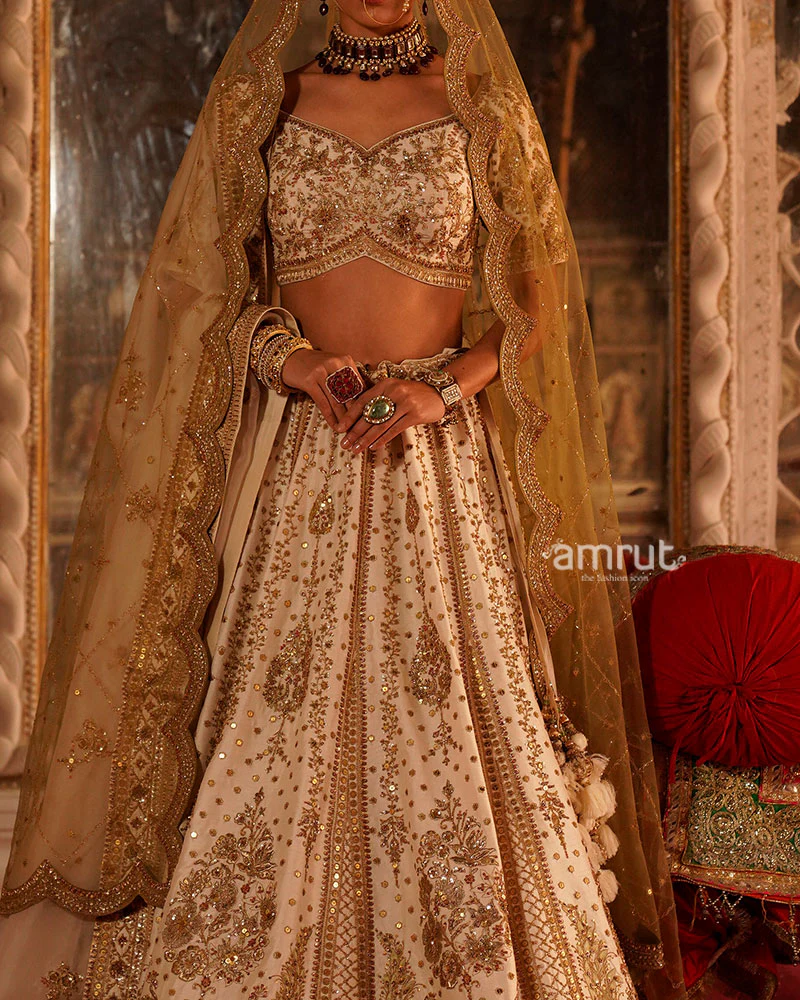 Cream and Golden Embroidered Bridal Lehenga Choli with Beige-Golden Dupatta - Image 3