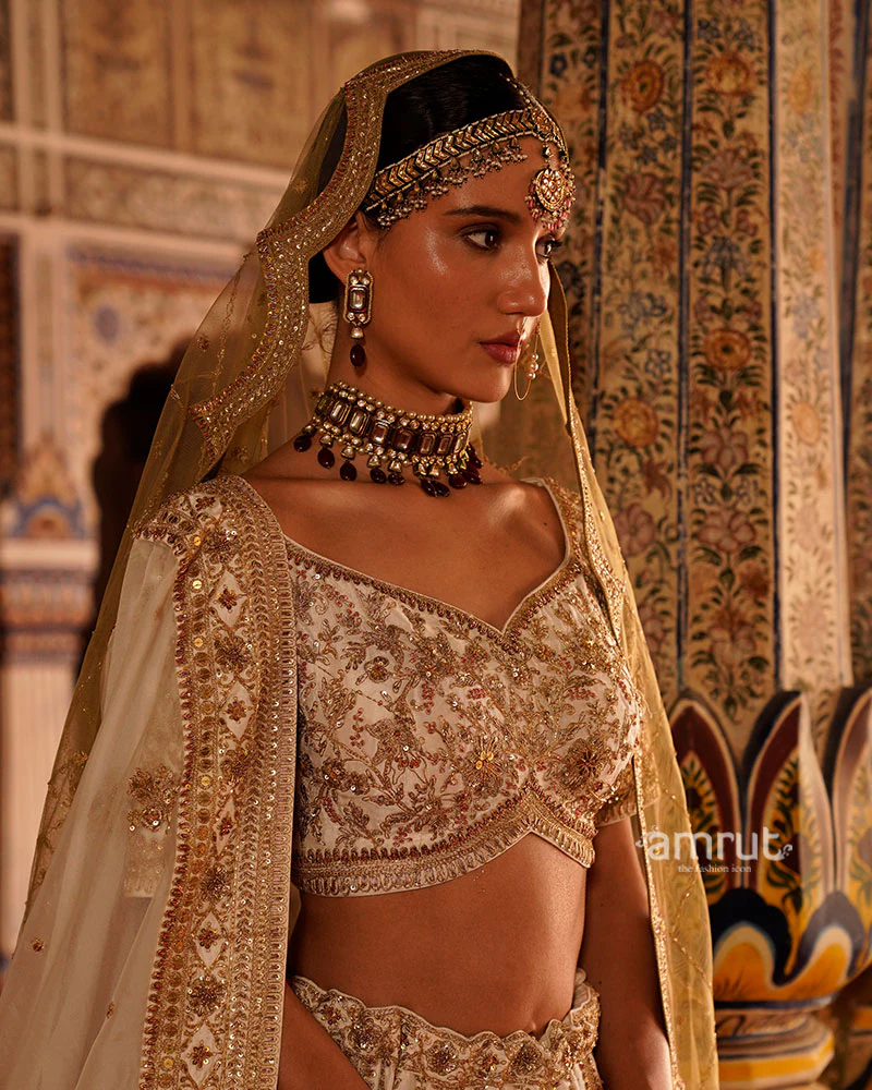 Cream and Golden Embroidered Bridal Lehenga Choli with Beige-Golden Dupatta - Image 4