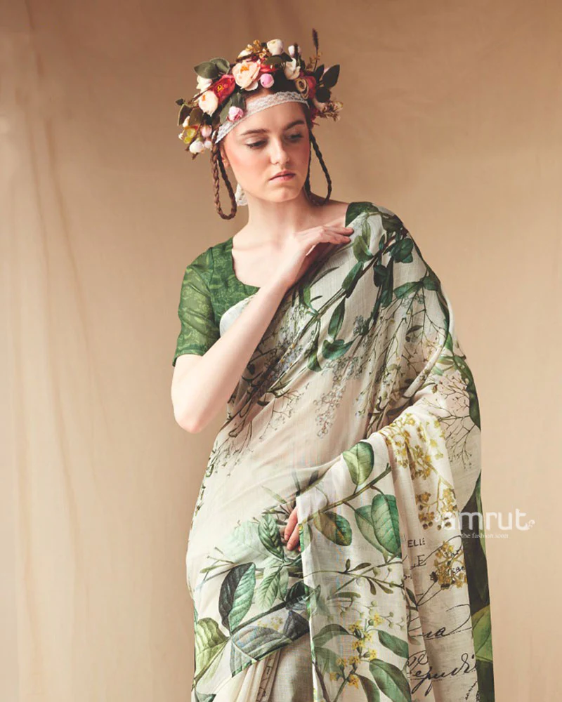 Cream and Green Floral Printed Saree with Unstitched Blouse - Image 2