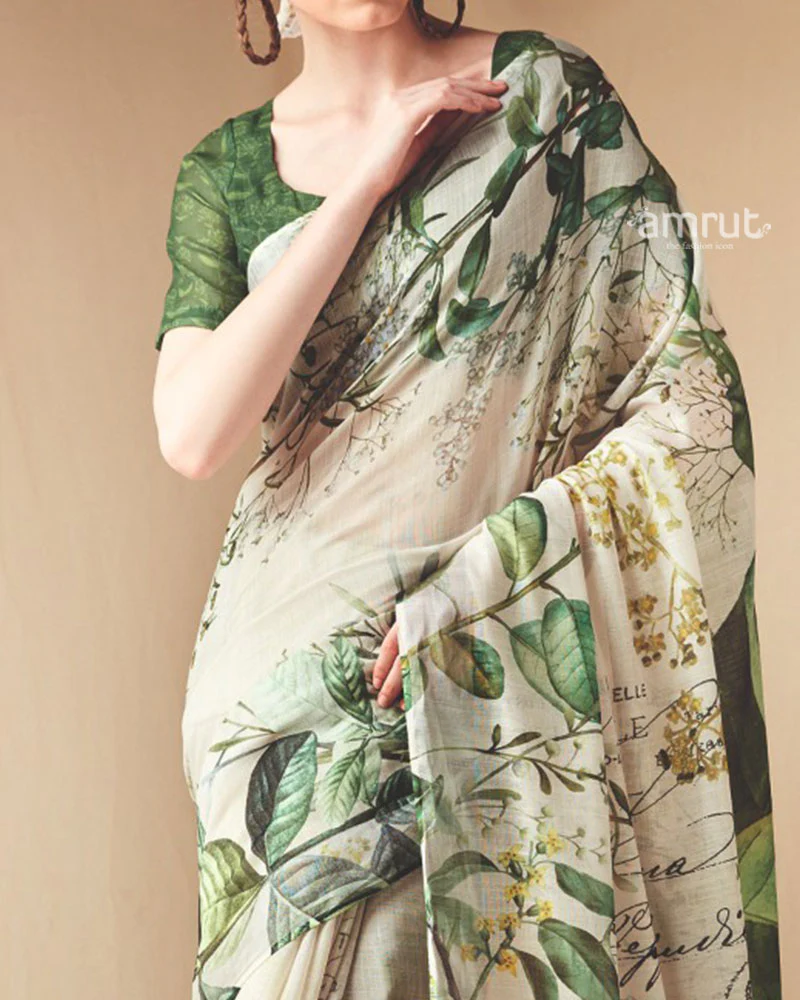 Cream and Green Floral Printed Saree with Unstitched Blouse - Image 3