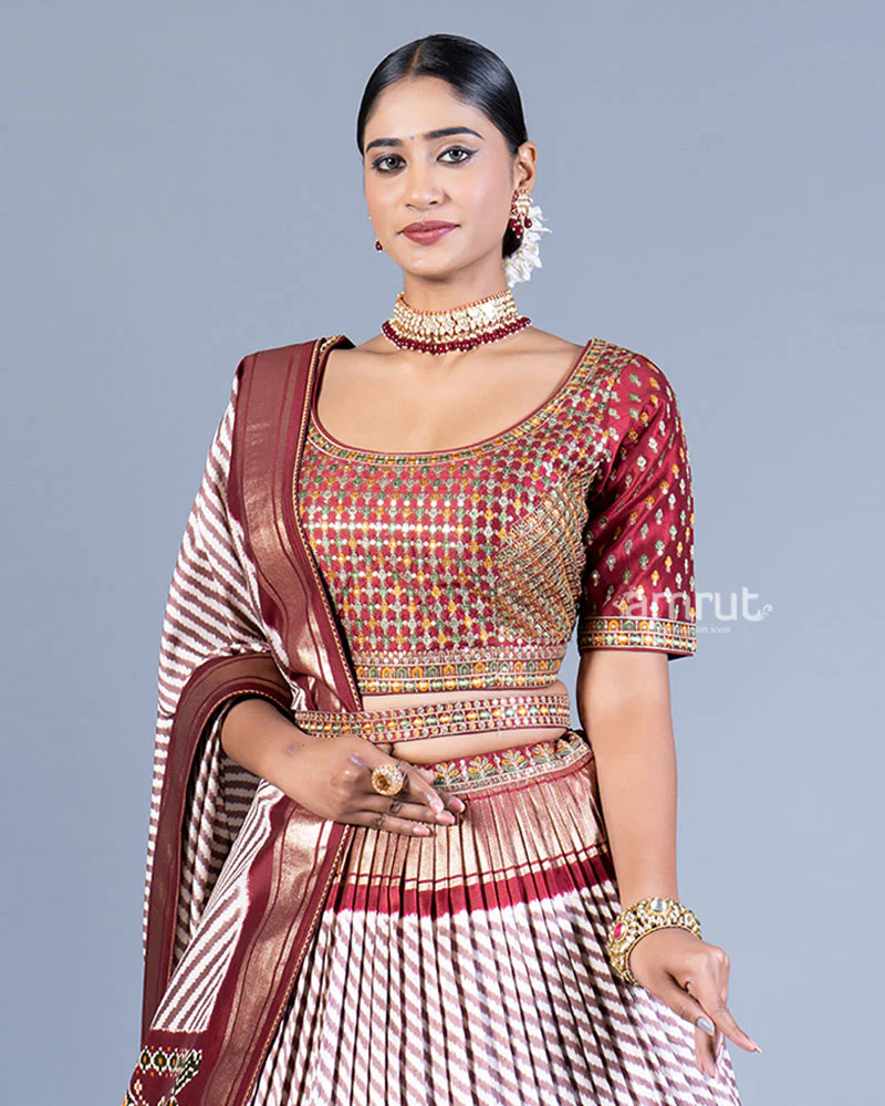 Cream and Maroon Printed Lehenga with Embroidered Choli and Dupatta - Image 2