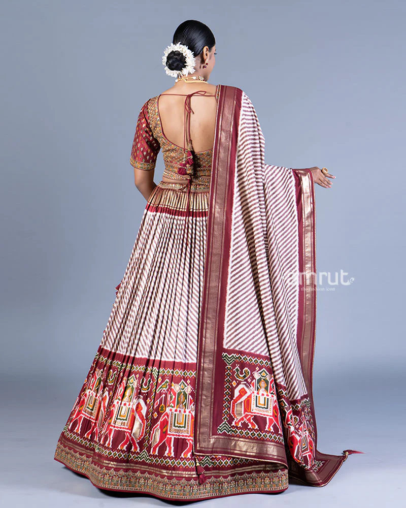 Cream and Maroon Printed Lehenga with Embroidered Choli and Dupatta - Image 3