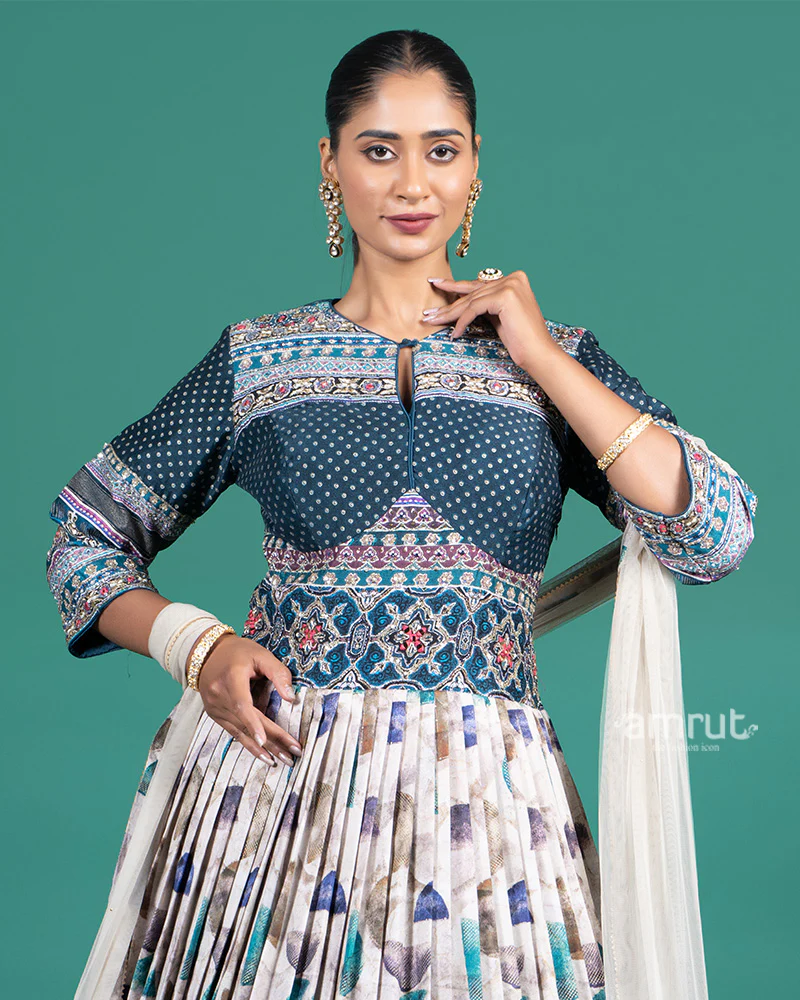 Cream and Teal Printed Gown with Embroidered Bodice and Dupatta - Image 2