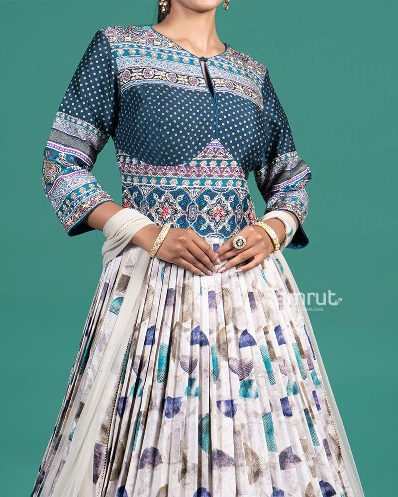 Cream and Teal Printed Gown with Embroidered Bodice and Dupatta - Image 3