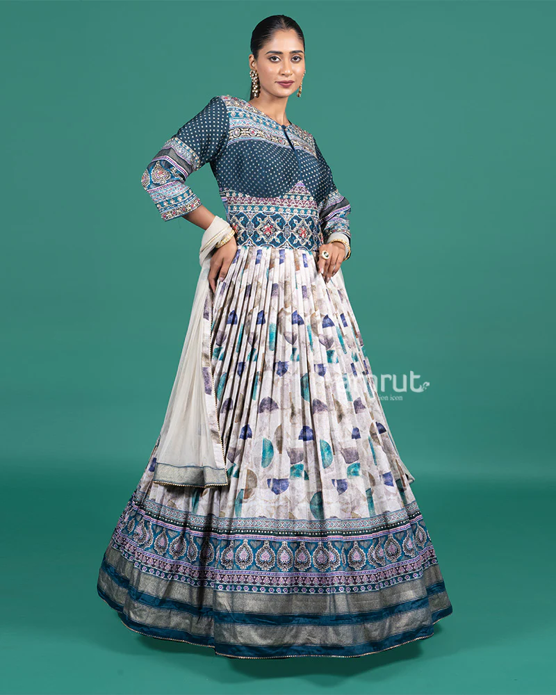 Cream and Teal Printed Gown with Embroidered Bodice and Dupatta - Image 4