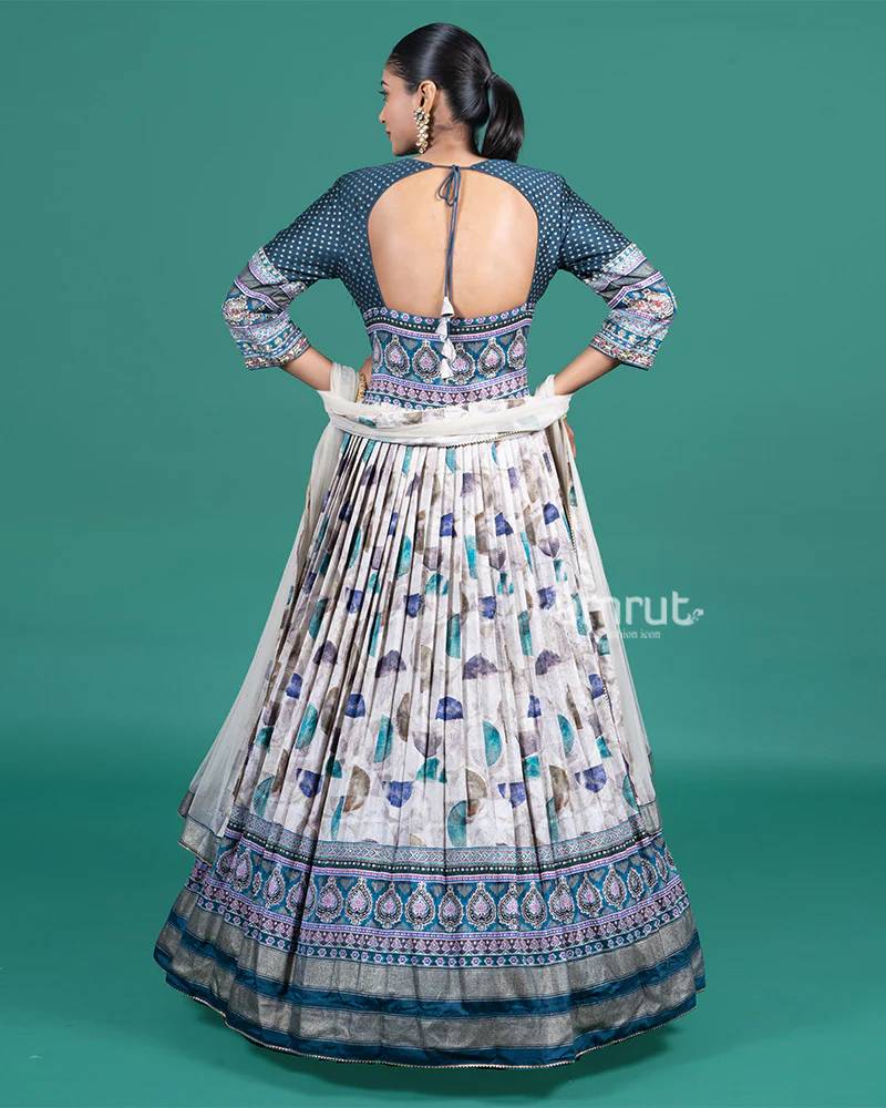 Cream and Teal Printed Gown with Embroidered Bodice and Dupatta - Image 5