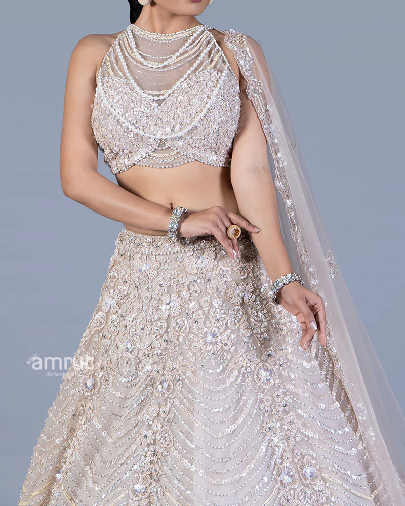 Cream Beaded Halter Lehenga Choli with Scalloped Net Dupatta - Image 3