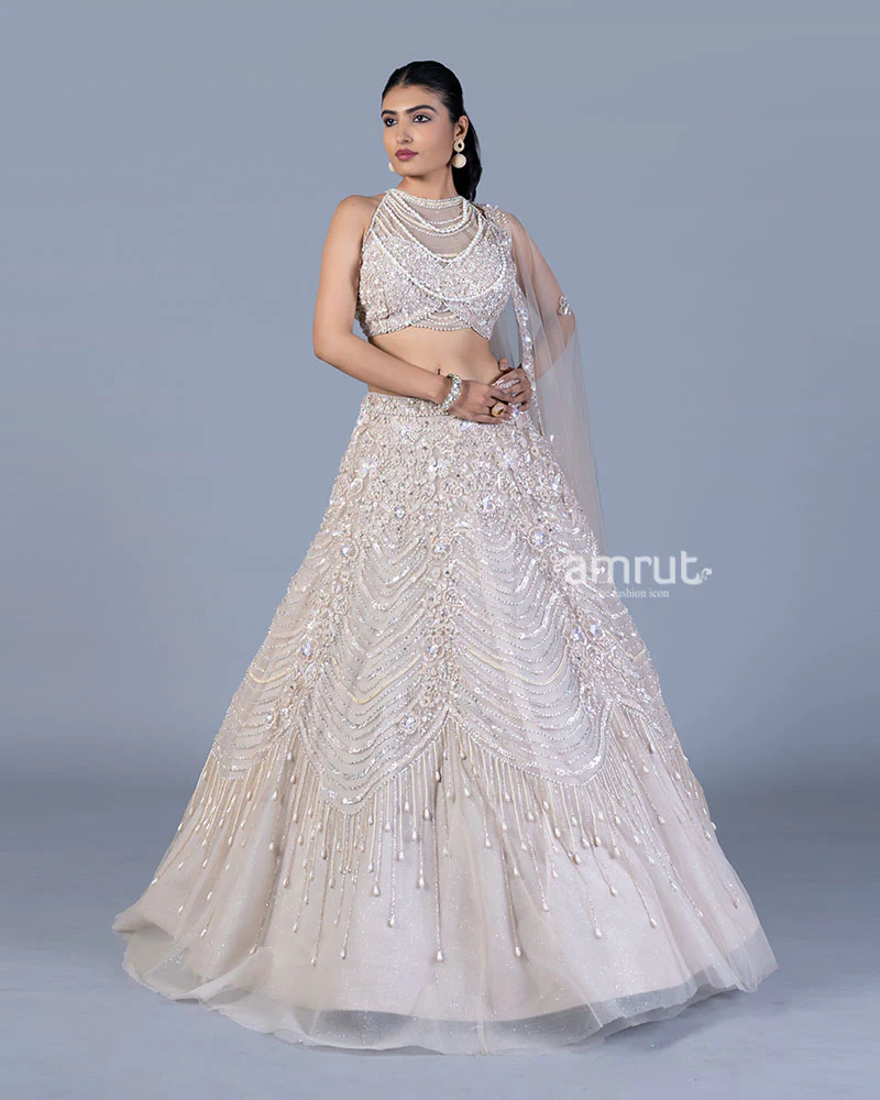 Cream Beaded Halter Lehenga Choli with Scalloped Net Dupatta - Image 4