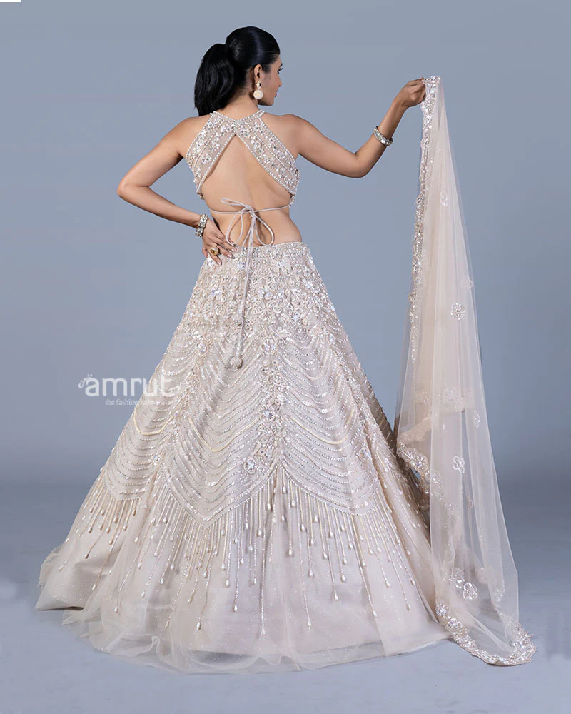 Cream Beaded Halter Lehenga Choli with Scalloped Net Dupatta - Image 5