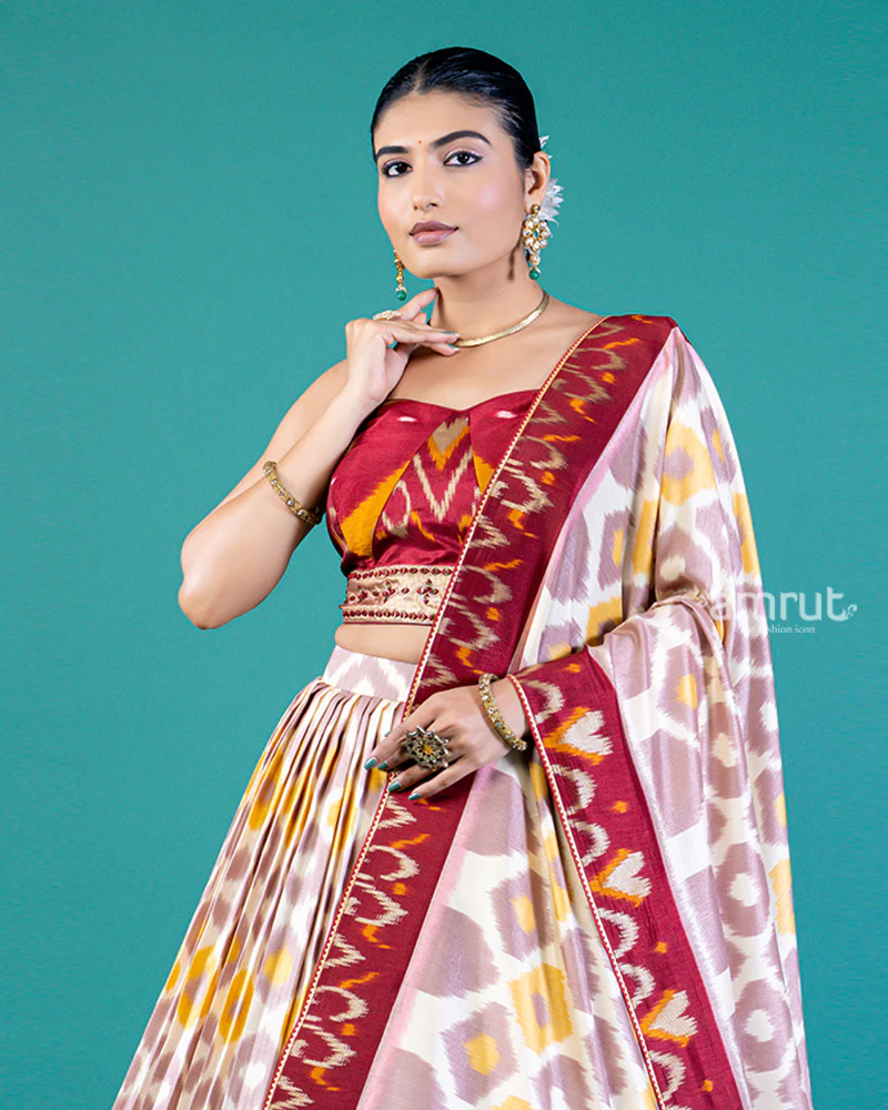 Cream-Beige Geometric Lehenga Choli with Maroon Border and Dupatta - Image 2