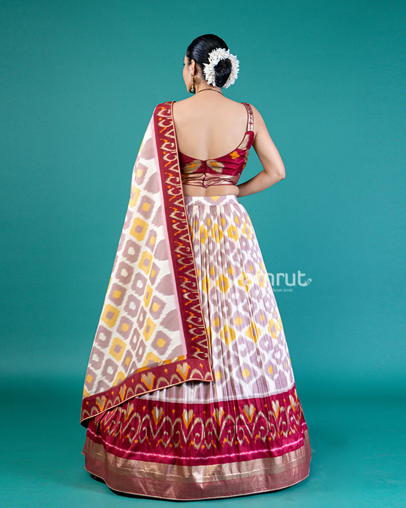 Cream-Beige Geometric Lehenga Choli with Maroon Border and Dupatta - Image 3