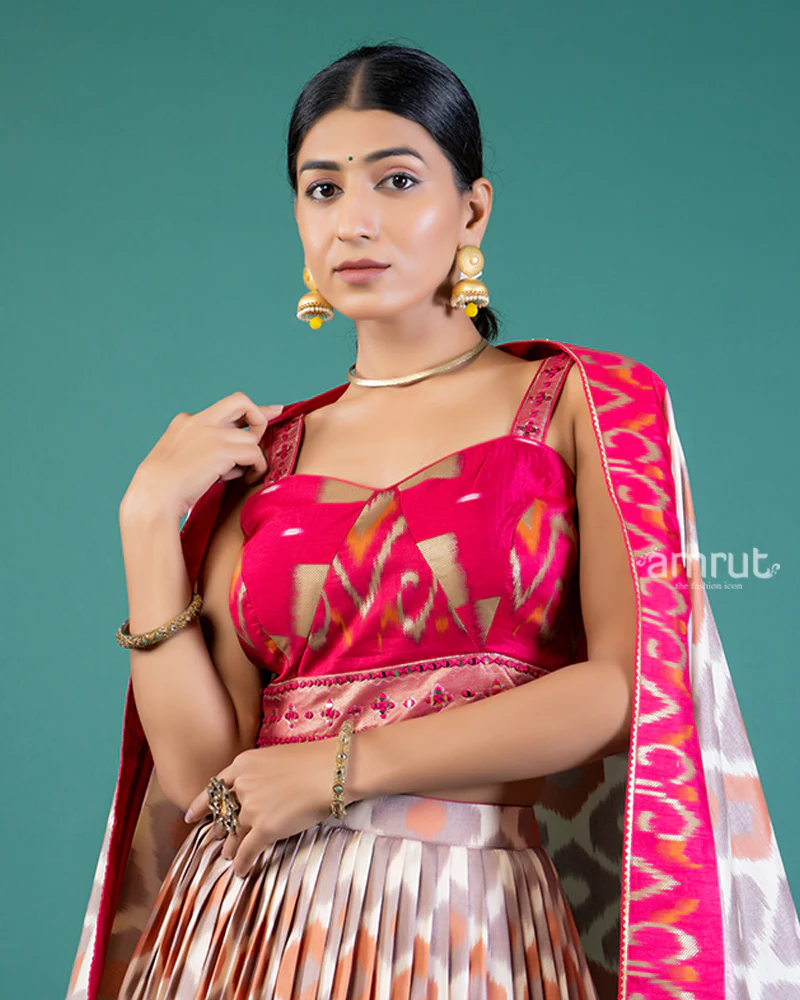 Cream-Beige & Pink Fuchsia Geometric Print Lehenga Choli with Dupatta - Image 2