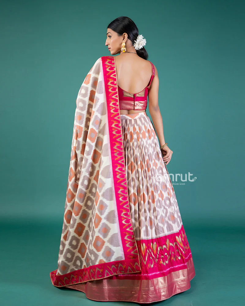 Cream-Beige & Pink Fuchsia Geometric Print Lehenga Choli with Dupatta - Image 3