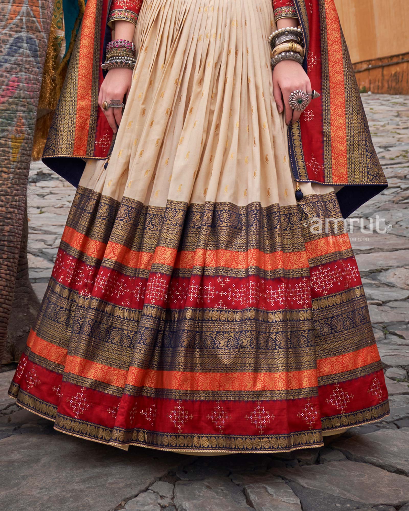 Cream Cotton Silk Lehenga Set With Dupatta - Image 3