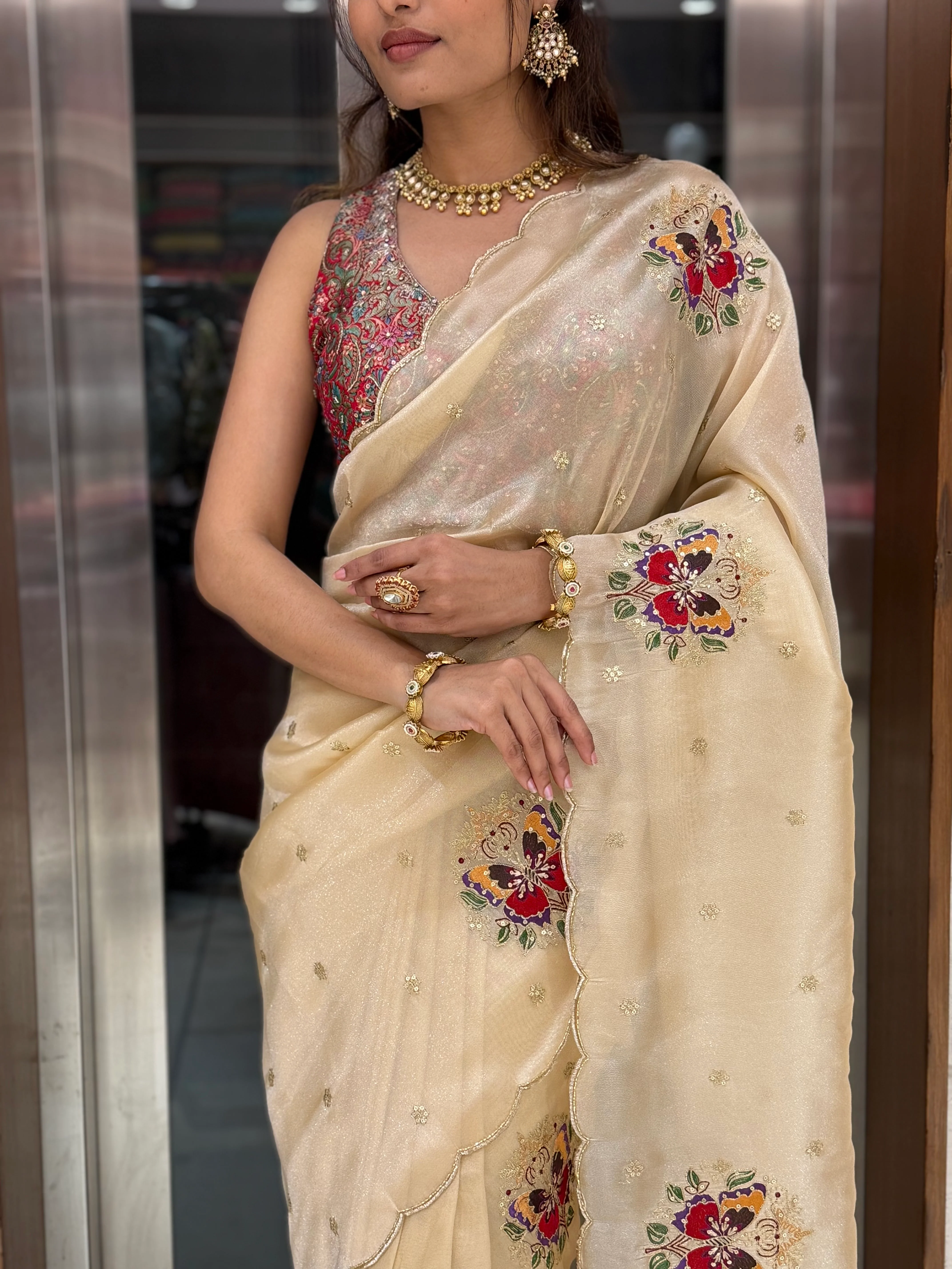Cream Embroidered Organza Saree with Heavy Multicolor Designer Blouse - Image 2