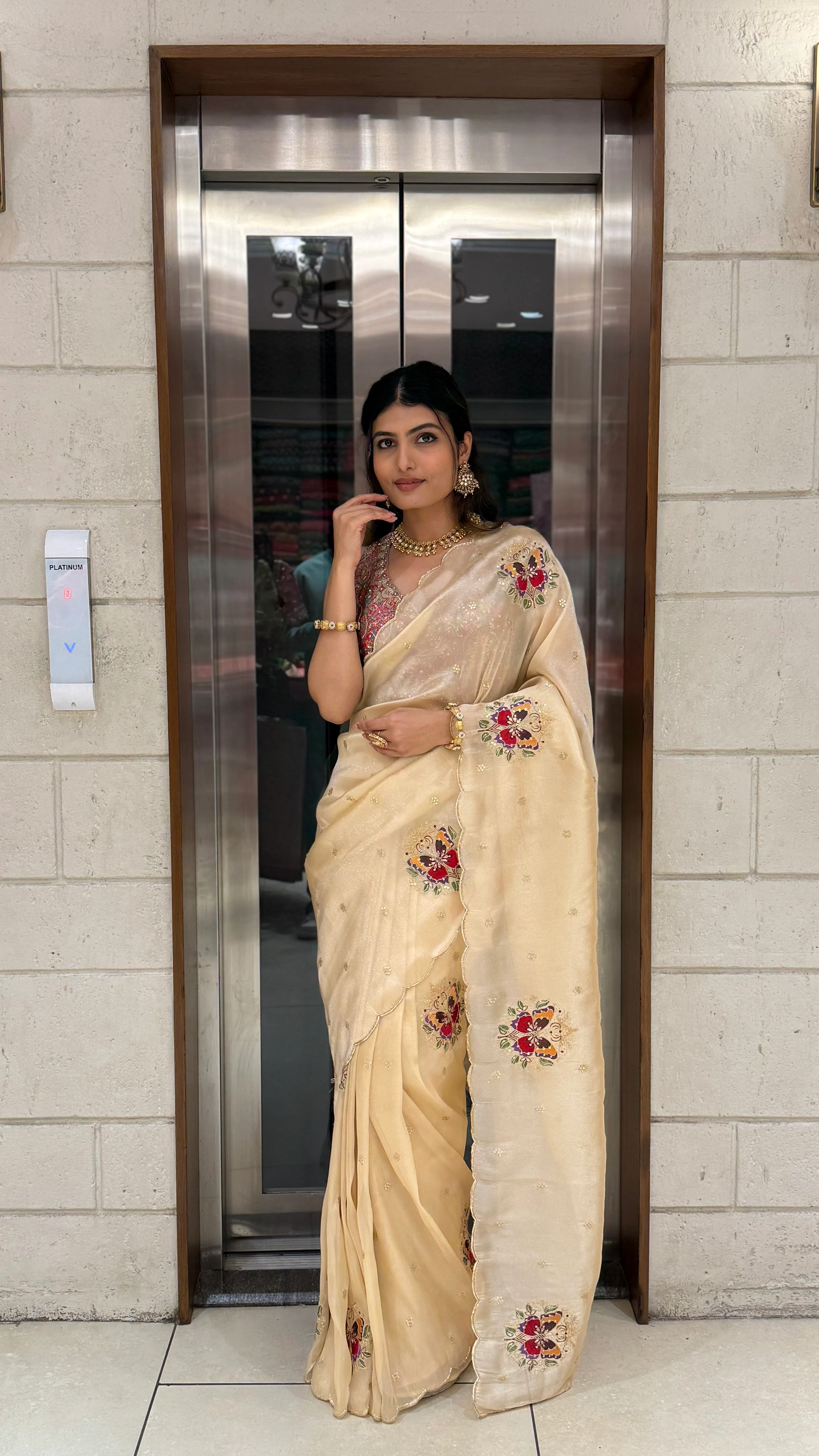 Cream Embroidered Organza Saree with Heavy Multicolor Designer Blouse - Image 3