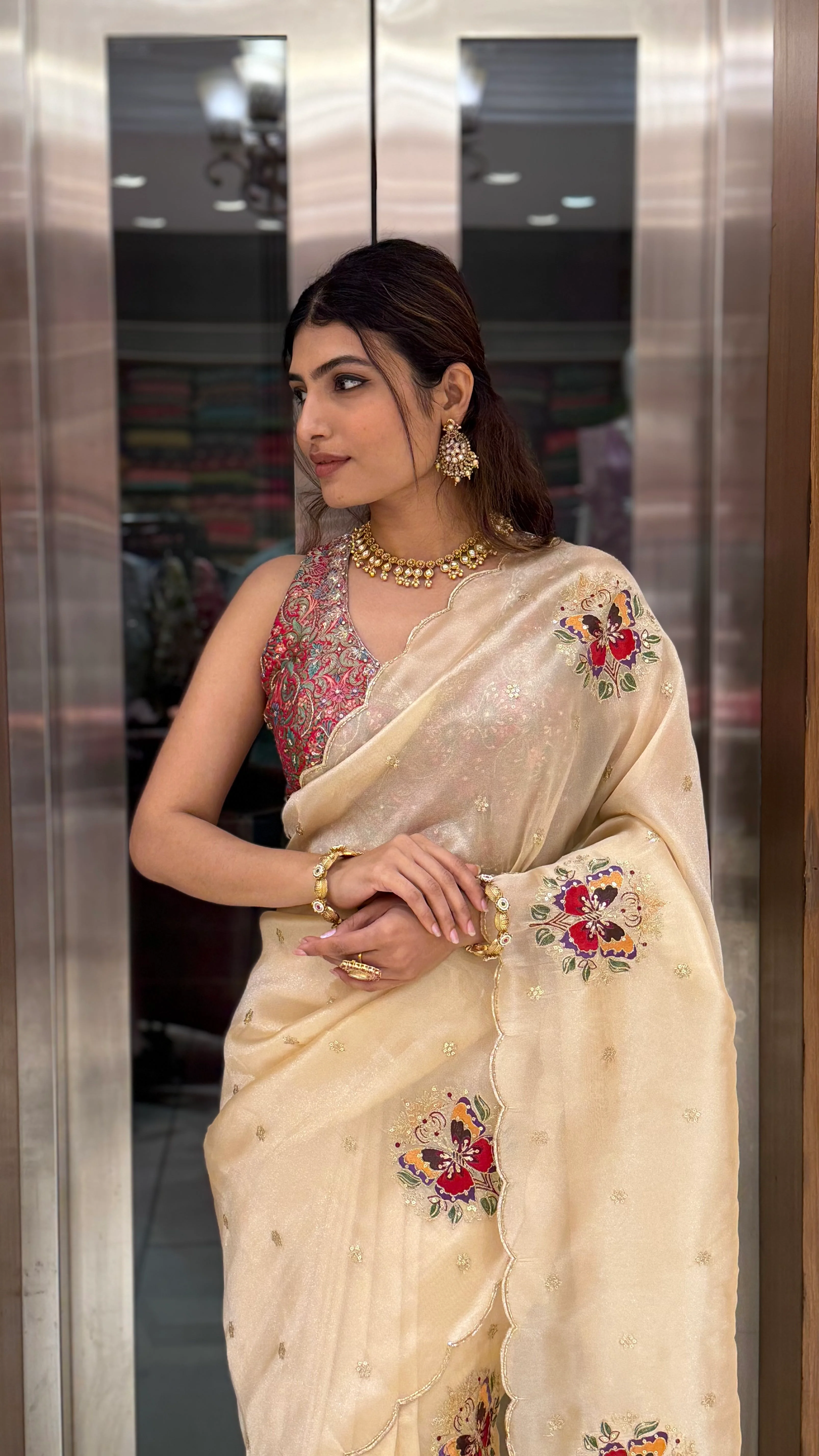 Cream Embroidered Organza Saree with Heavy Multicolor Designer Blouse - Image 4
