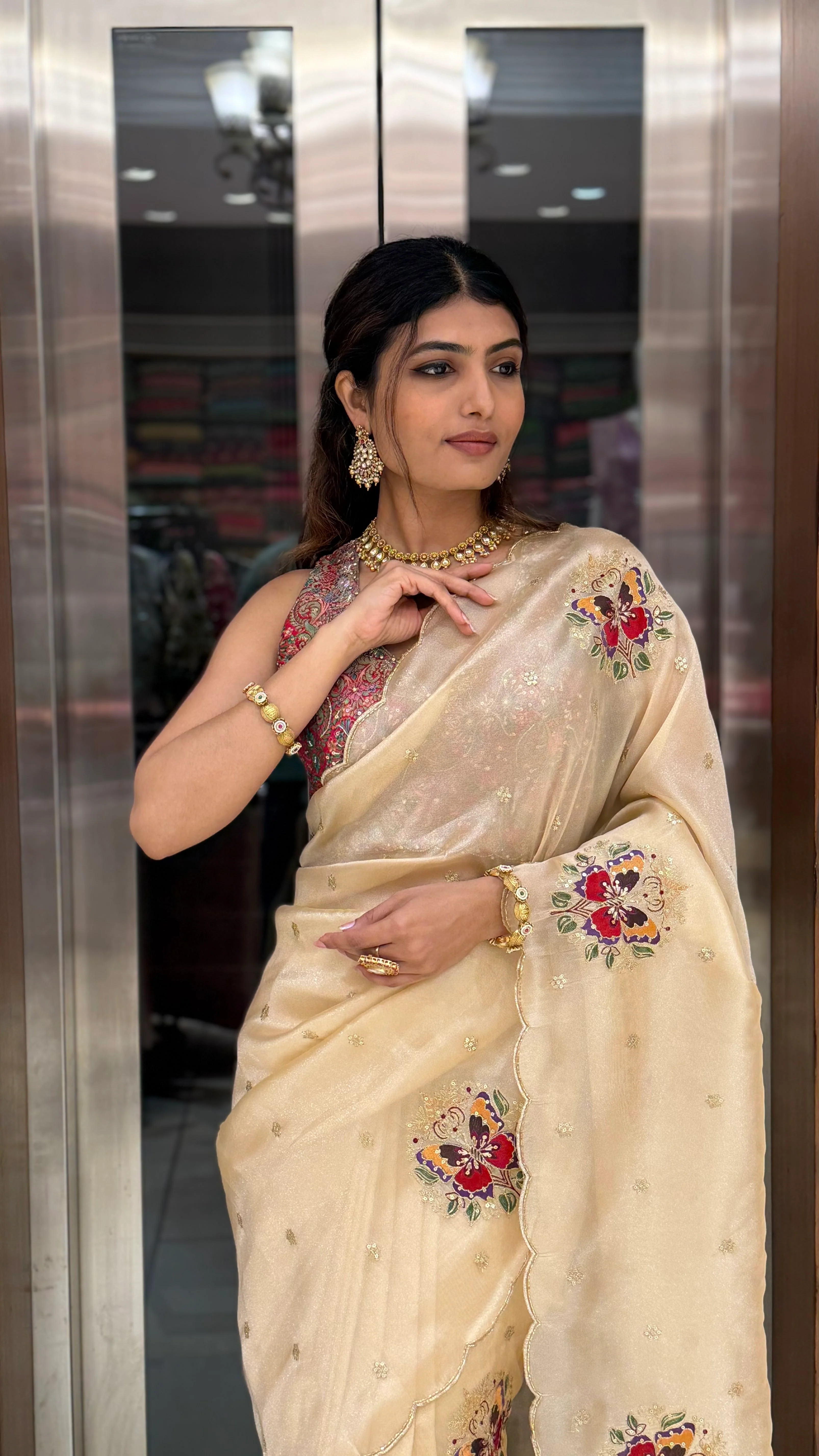 Cream Embroidered Organza Saree with Heavy Multicolor Designer Blouse - Image 5