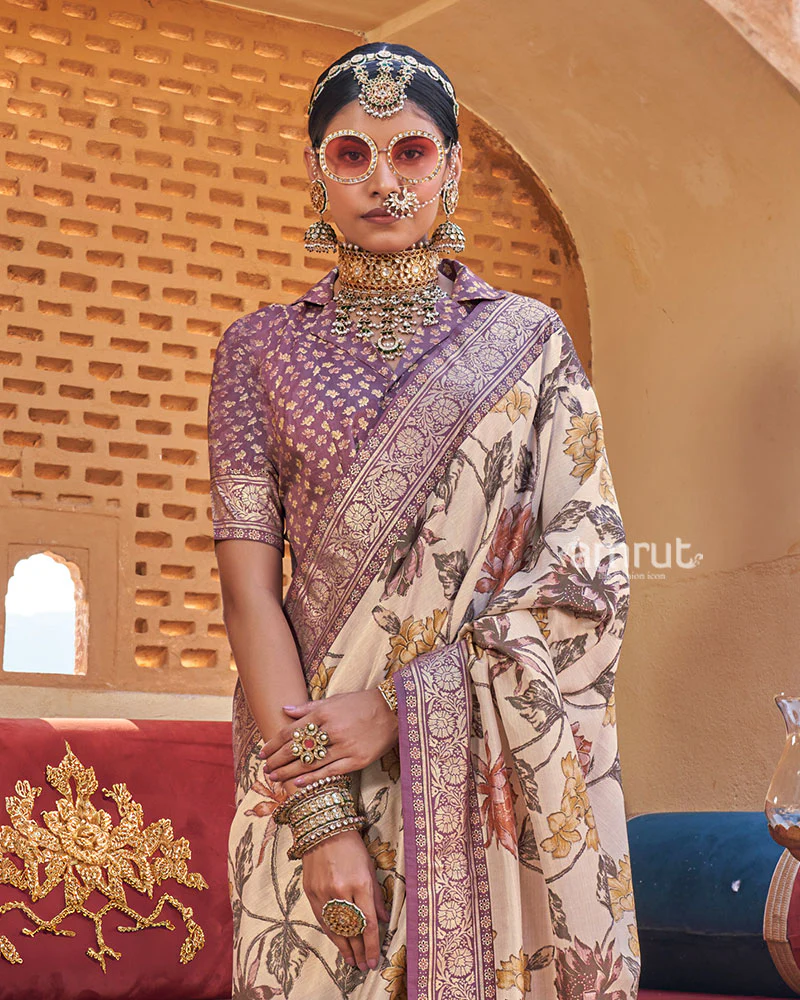 Cream Floral Printed Silk Saree with Unstitched Blouse - Image 2