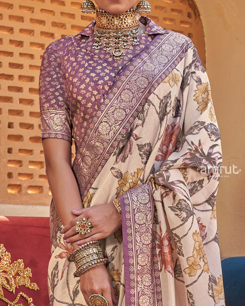 Cream Floral Printed Silk Saree with Unstitched Blouse - Image 3
