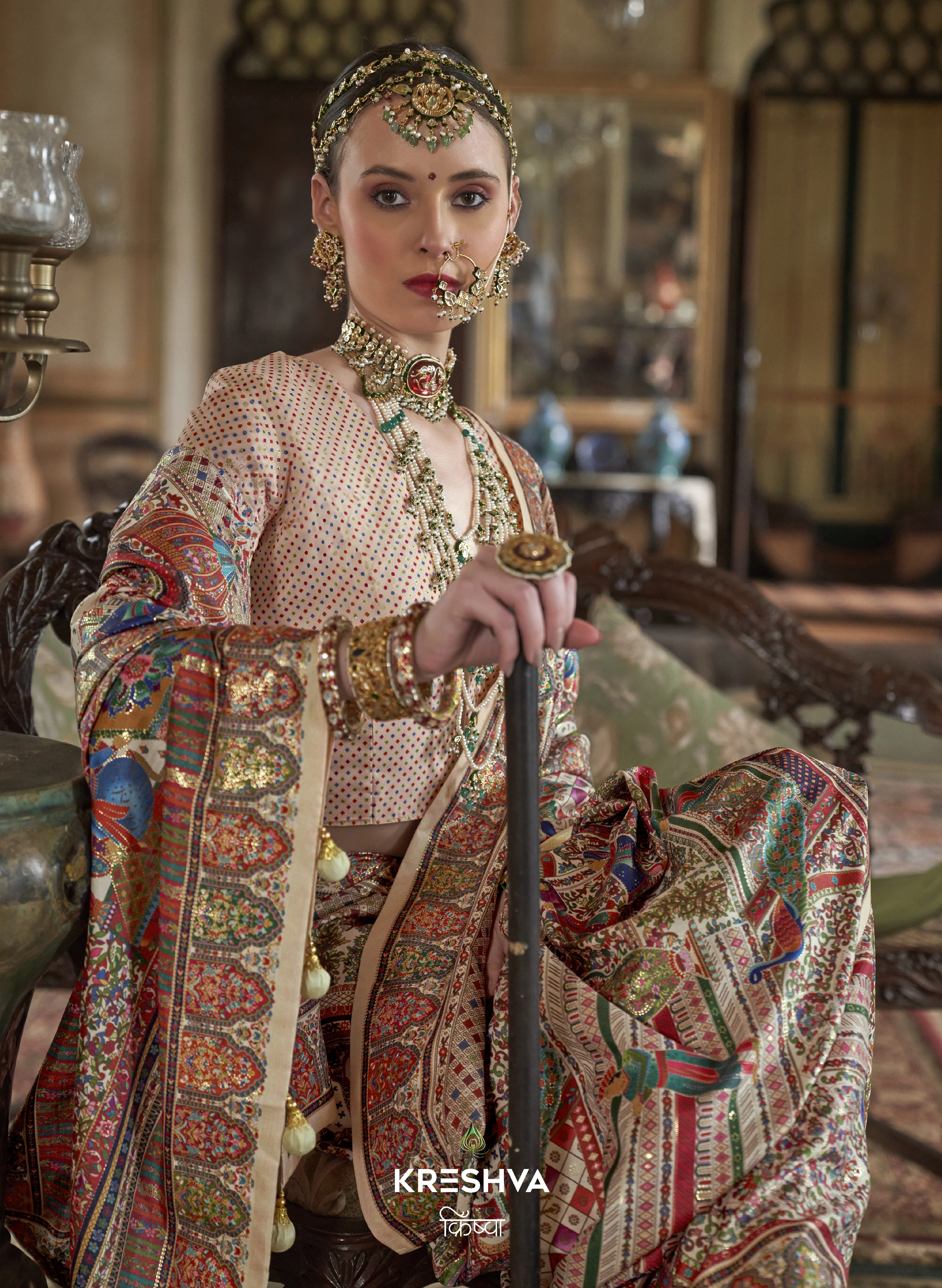Cream Heritage Pashmina Inspired Designer Saree with Royal Multicolour Border - Image 2