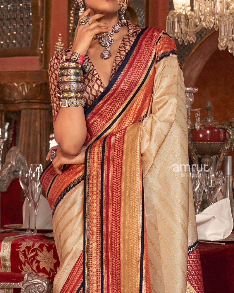 Cream Kanjivaram Silk Saree with Unstitched Blouse - Image 3