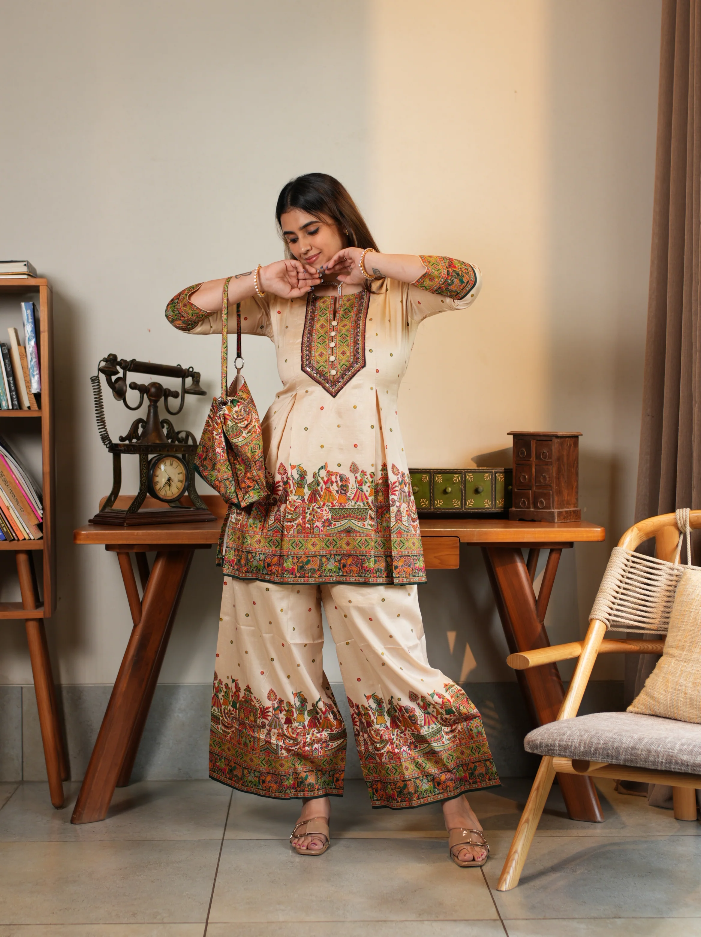 Cream Multicolor Embroidered Ethnic Suit Set with Matching Potli Bag - Image 3