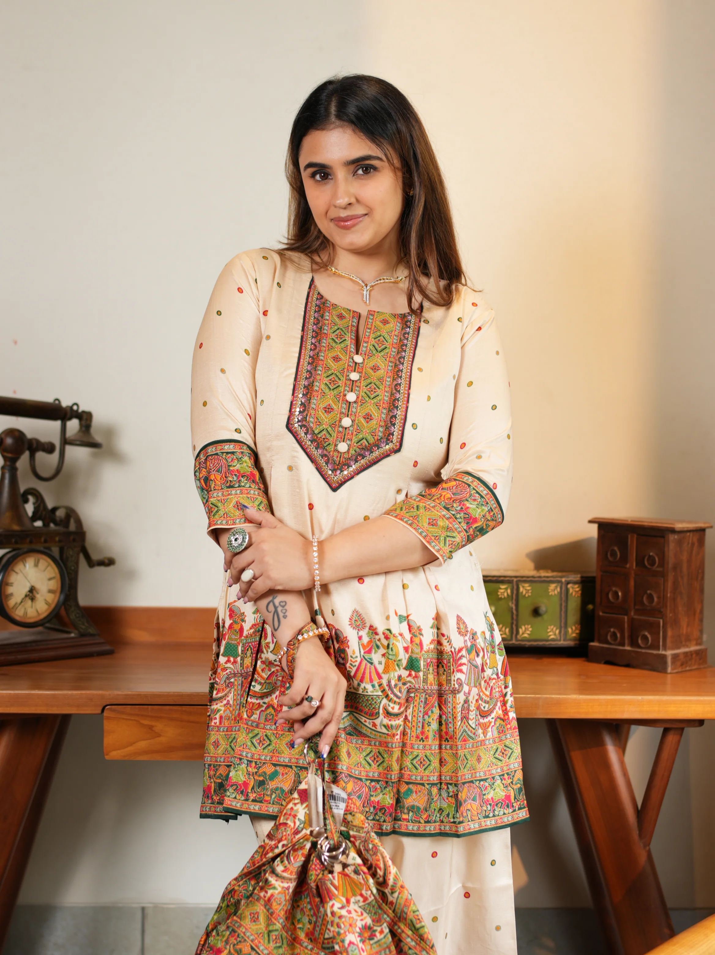 Cream Multicolor Embroidered Ethnic Suit Set with Matching Potli Bag - Image 4