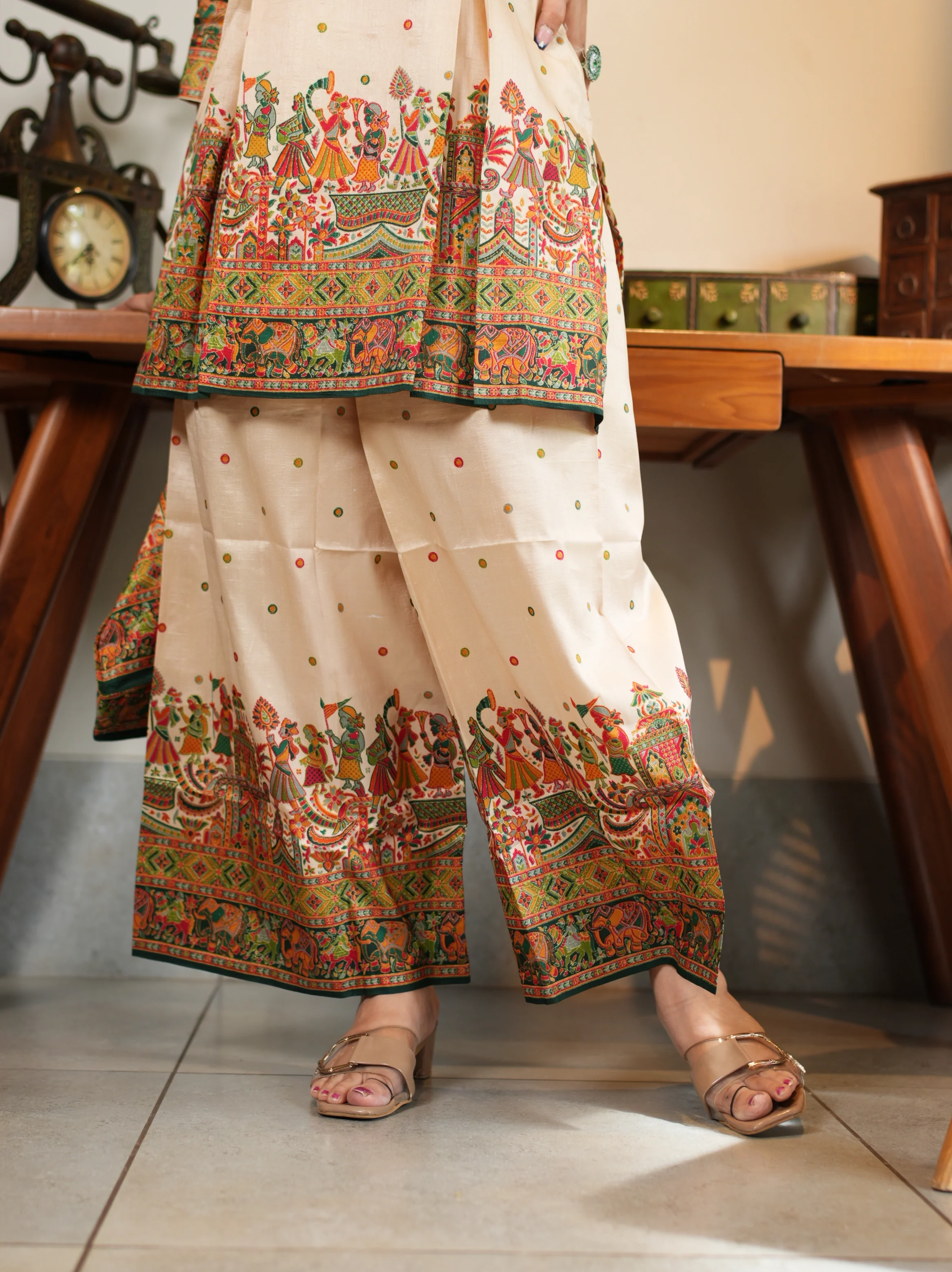 Cream Multicolor Embroidered Ethnic Suit Set with Matching Potli Bag - Image 5