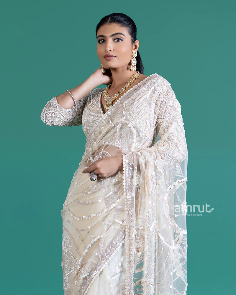 Cream Net Saree with Golden Sequin Embroidery and Matching Blouse - Image 2