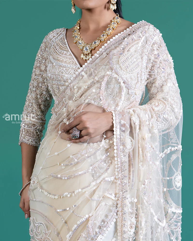 Cream Net Saree with Golden Sequin Embroidery and Matching Blouse - Image 3