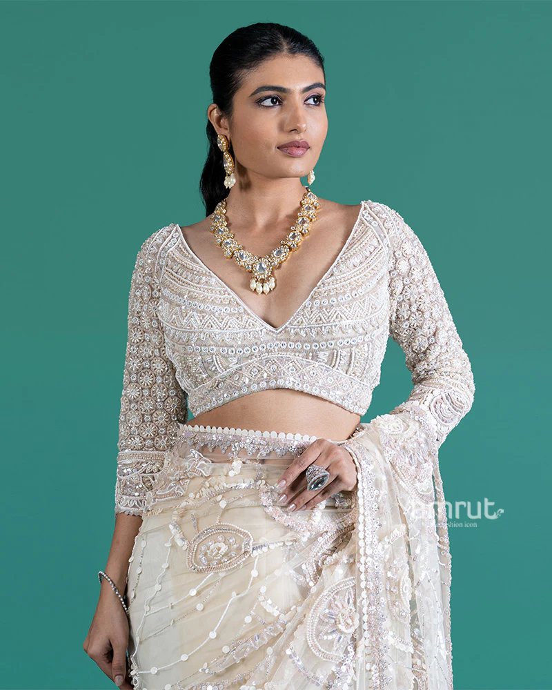 Cream Net Saree with Golden Sequin Embroidery and Matching Blouse - Image 4
