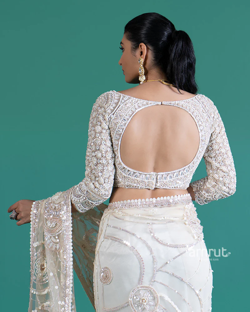 Cream Net Saree with Golden Sequin Embroidery and Matching Blouse - Image 5