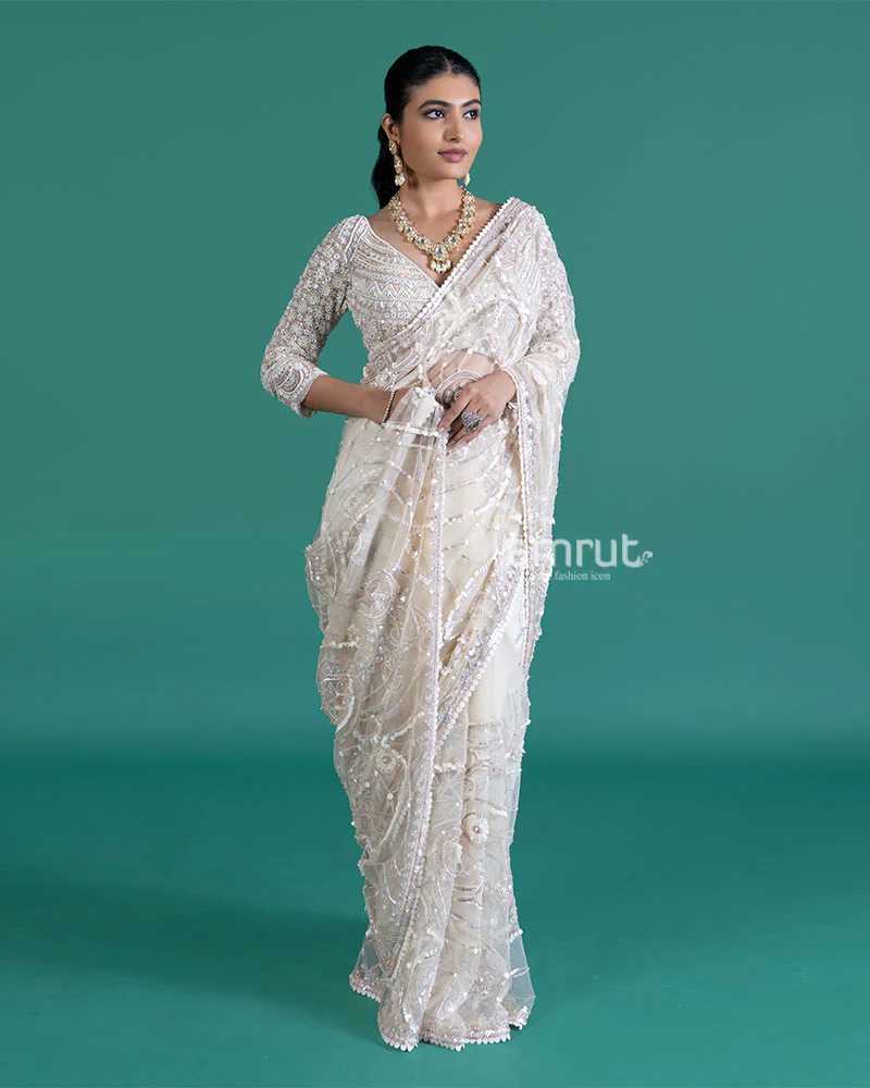Cream Net Saree with Golden Sequin Embroidery and Matching Blouse - Image 6