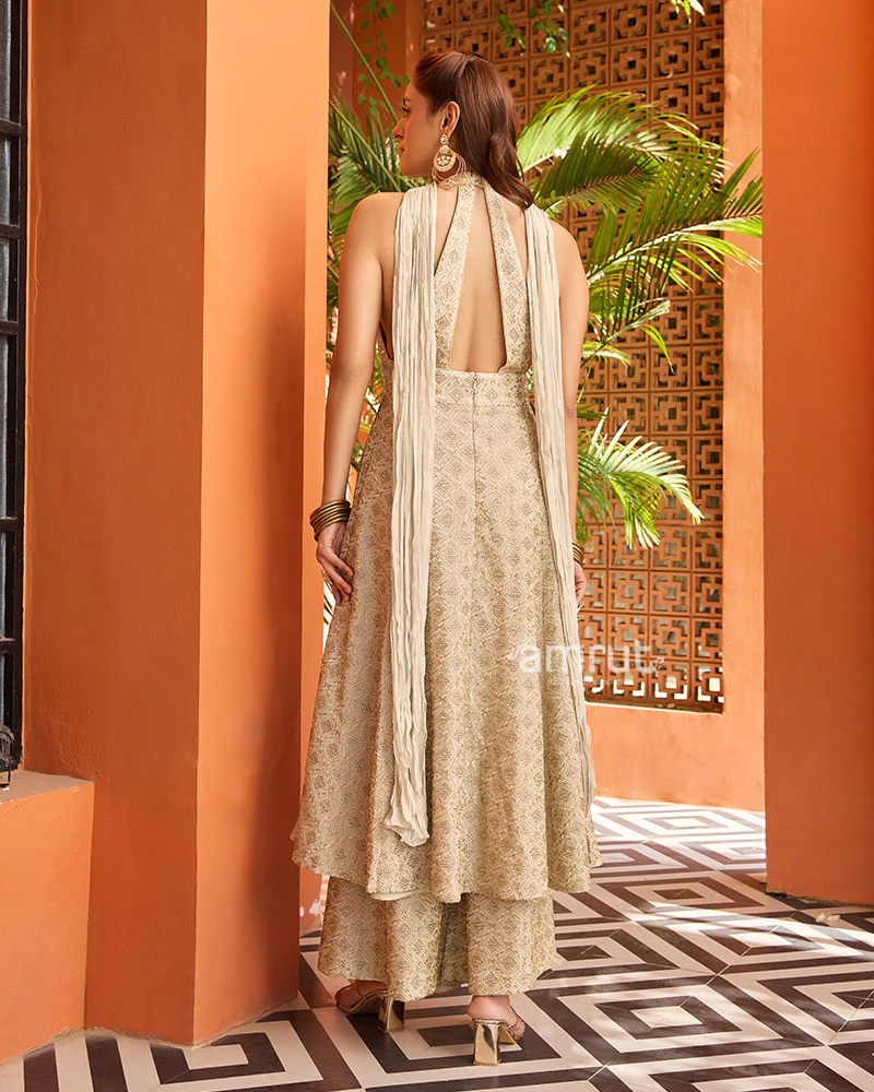 Cream Palazzo Style Silk Salwar Suit With Dupatta - Image 5