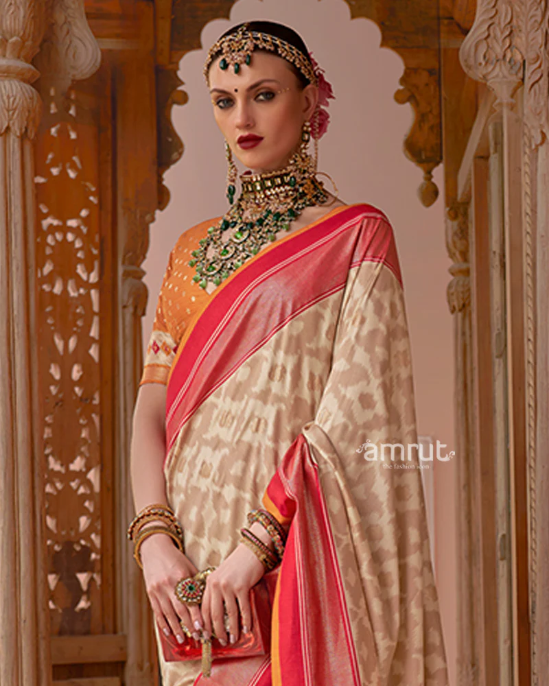Cream Patola Silk Saree with Foil Print & Red-Orange Border with Unstitched Blouse - Image 2