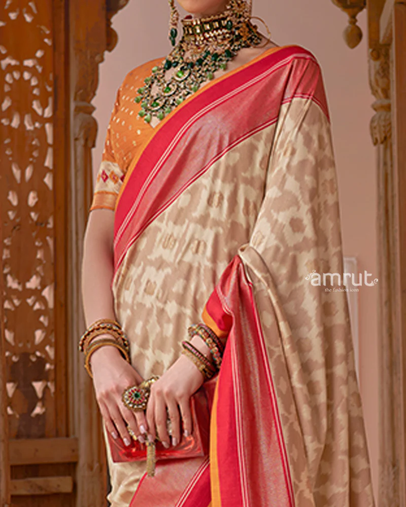 Cream Patola Silk Saree with Foil Print & Red-Orange Border with Unstitched Blouse - Image 3