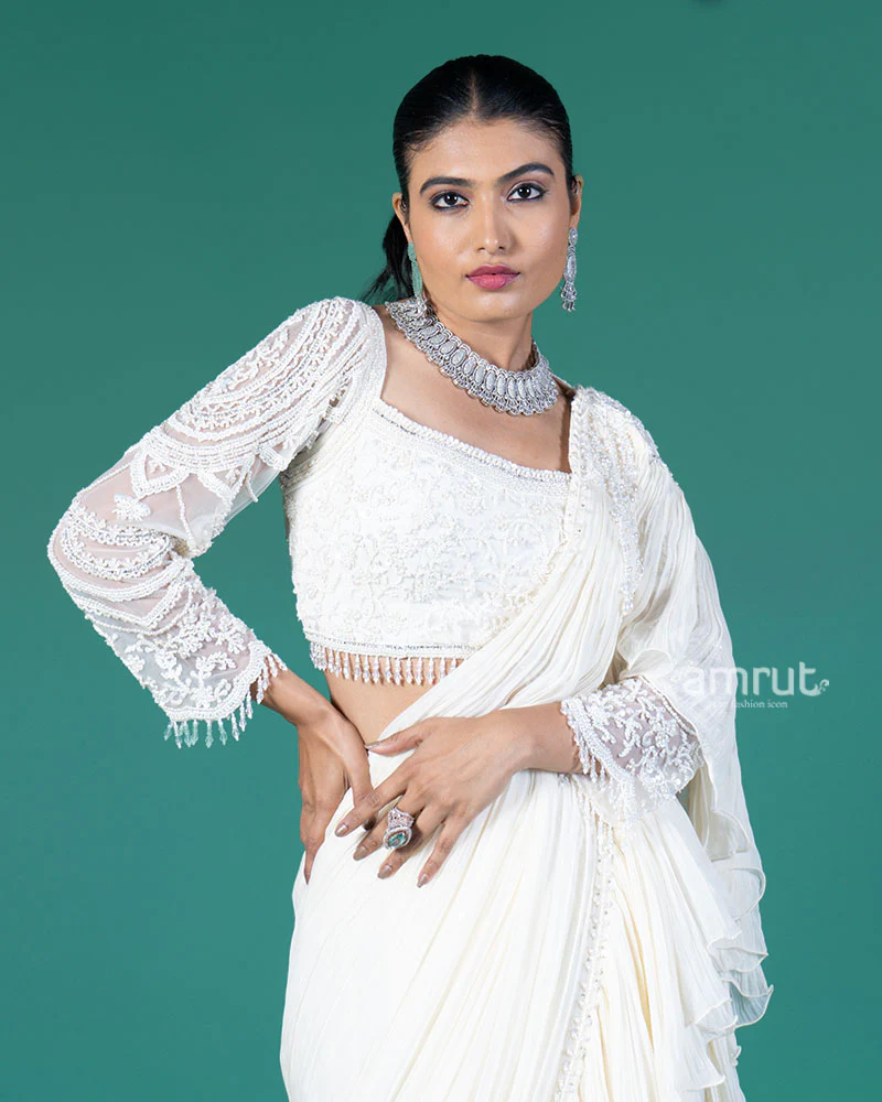 Cream Ready to wear Saree with Embellished Blouse - Image 2